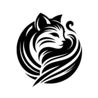 Abstract black and white spherical cat logo curled profile with striped fur and swirl tail on white background. vector