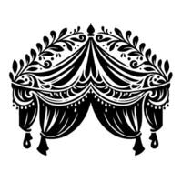Elegant black and white ornamental tent with intricate floral and curtain detailing, isolated on white background vector