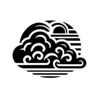 Stylized black cloud and sun with swirls and horizontal lines within a circle, on a white background. vector
