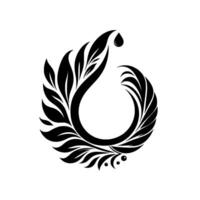 Elegant black and white floral featuring a teardrop and leafy details in symmetrical arrangement on white background. vector