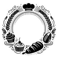 Bakerythemed monochrome circular illustration featuring wheat, chefs hat, cupcakes, loaf of bread, and a baguette, perfect for branding. vector