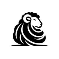 Illustration of a stylized rams head in black and white, featuring a curved horn, curly fur, and a calm expression, on a plain white background. vector