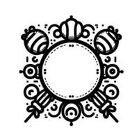 Whimsical black and white ornament with round center frame, embellished with candy, orbs, and decorative elements. vector