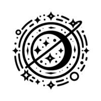 Monochromatic celestial with a stylized crescent moon, stars, rings, and linear elements, a cosmic illustration. vector