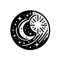 Monochromatic celestial emblem a balanced composition of the sun, moon, stars, and cosmic elements within a circular frame, offering a symmetrical contrast. vector