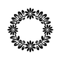Elegant black white floral wreath featuring daisies, leaves, and a circular arrangement on a clean white background. vector