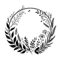 Elegant black and white circular floral wreath with detailed botanical elements for decorative design. vector