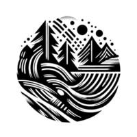Stylized monochrome artwork, circular composition of mountain range, trees, and river, showcasing a aesthetic. vector