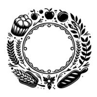 Black and white circular illustration of food and foliage with a central empty space, featuring cupcake, apples, berries, wheat, and bread. vector