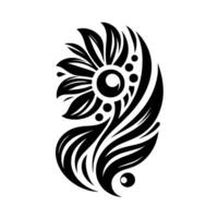 Bold, symmetrical black and white floral with a central circular focal point and intricate leaf patterns set against a white background. vector