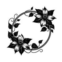 Elegant black and white floral wreath featuring two large clematis blooms, lush leaves, and decorative vines enclosing open space. vector