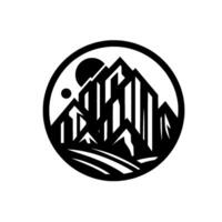 Monochromatic mountainscape logo geometric peaks with sun and moon in a circular frame, symbolic nature design. vector