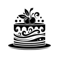 Elegant black and white cake illustration with cherry topping, decorative swirls, and simple lines, on a white background. vector