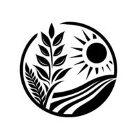 Circular black and white illustration of a field with wheat, crops, sun, and agricultural elements. vector