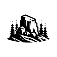 Geometric, black and white illustration of a rocky cliff face with pine trees and dots, in a minimalist outdoor landscape design. vector