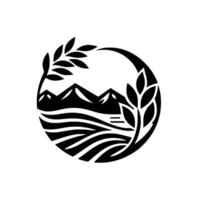 Minimalist black white emblem mountain range, wheat, and water within a circle, symbolizing nature agriculture. vector
