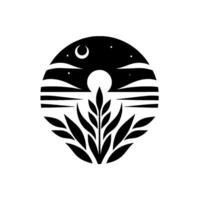 Minimalist black and white circular design crescent moon, stars, sun, horizontal lines depicting horizon and a stylized plant. vector