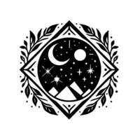 Black and white celestial mandala moon, stars, mountains within a decorative leafy frame, isolated on white. vector