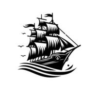 Elegant black and white silhouette of a sailing ship on wavy seas with birds, a minimalist nautical graphic. vector