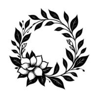 Elegant monochrome floral wreath illustration featuring a detailed flower bloom and leafy branches arranged in a circular frame on white background. vector