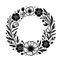 Elegant black and white floral wreath composition with detailed flowers, leaves, buds, and berries, creating a circular design. vector