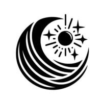 Black and white celestial emblem featuring crescent moon, sunburst, and fourpointed stars. vector