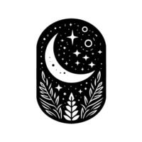 Celestial oval illustration crescent moon, starry night, stylized plants within a black and white minimalist design. vector