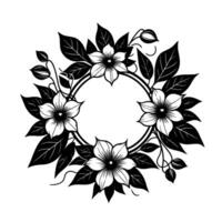 Intricate black and white floral wreath with delicate blossoms and leafy accents, centering a blank circle for text. vector