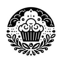 Black and white illustration of a cupcake within a circular frame of stylized clouds and floral elements, a sweet and simple design. vector