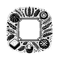 Black and white circular frame with baked goods, leaves, hearts and a central blank square for text. vector