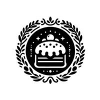 Black and white illustrative circular emblem featuring a tiered cake with a cherry topping, encircled by a laurel wreath. vector