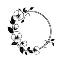 Black and white floral wreath with open blossoms, leaves and buds encircling a double circular frame. vector