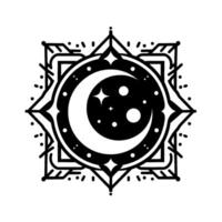 Intricate black and white celestial mandala featuring crescent moon, stars, and dot patterns in a geometric composition. vector