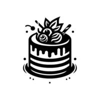 Minimalist black and white cake illustration layered dessert with cherry topping, chocolate drip, and a decorative leaf on a white background. vector