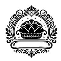 Ornate black and white bakery emblem featuring a pie inside a decorative circular frame, with blank space for text. vector