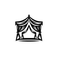 Black and white minimalist illustration of a stylized circus tent or theater stage with dramatic curtains and a simple geometric design. vector