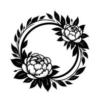 Elegant black and white circular floral frame two peonies and leaves, minimalist design. vector