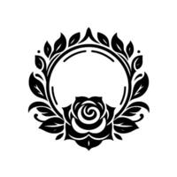 Elegant black and white circular floral emblem a rose centered within a leafy wreathlike border on white background. vector