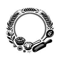 Monochromatic baking culinary wreath featuring pastries, spoons, rolling pin, floral accents in a circular design. vector