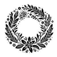 Circular black and white floral wreath a decorative of leaves, flowers, and dots on a white background. vector