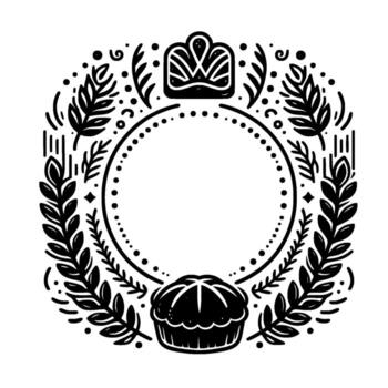 Black and white decorative wreath with pie, floral elements, and a circular frame, evoking a rustic and handmade charm. vector