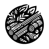 Geometric monochrome illustration circular of stylized logs, leaves, and natural elements, in a balanced black and white composition. vector