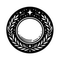 Black and white circular with foliage and stars. the inner circle is clear, possibly for custom illustration, surrounded by a symmetrical pattern. vector