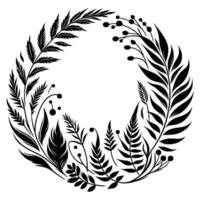 Elegant black and white botanical wreath artistic depiction of ferns, leaves, and berries in a circular, minimalist composition. vector