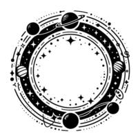 Circular black and white celestial illustration planets, stars, and cosmic orbits in a minimalist vector
