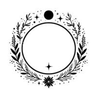 Botanical celestial frame circular floral wreath with leaves, stars, a moon, and a central blank space for text or design. vector