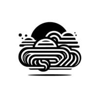 Abstract black and white illustration of a sunset or sunrise scene with stylized layered clouds and sun, minimalist design. vector