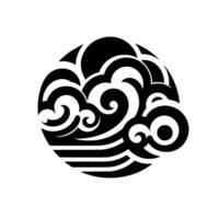 Black and white circular composition of swirling waves, clouds, and sun in minimalist silhouette vector