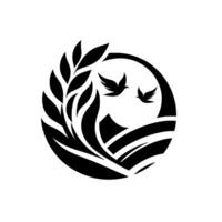 Symbolic monochromatic logo, featuring stylized wheat, soaring birds, and rolling hills within a circular frame, conveying peace and growth. vector