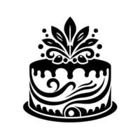 Elegant black and white cake illustration featuring decorative foliage, drips, swirls, and ornate accents on a round base, isolated on white. vector